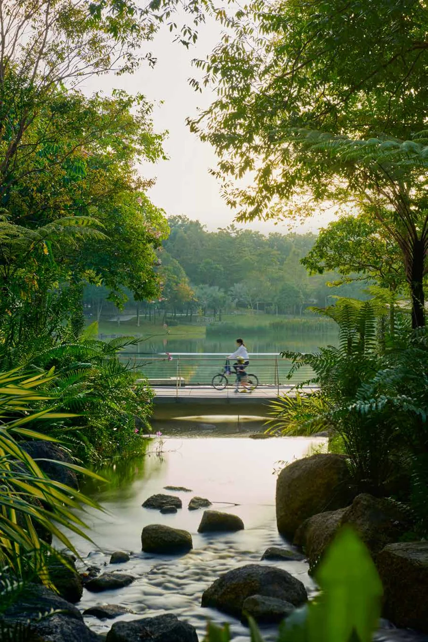 A stream, bridge and lakeside greenery in Desa ParkCity